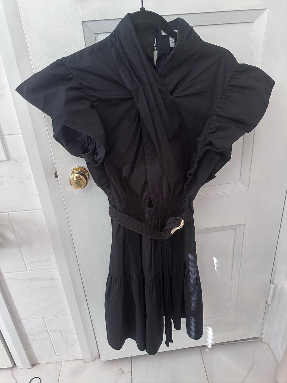 Derek Lam Black Puff-Sleeve Midi Dress with Braided Belt